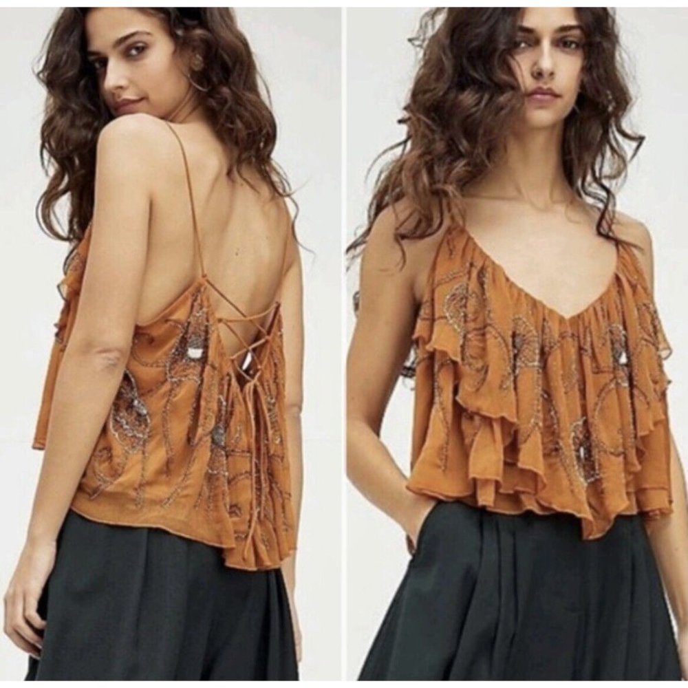 Free People Rust Orange Ruffled Lace-Back Cami - Picture 2 of 7